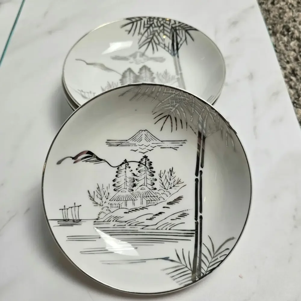 Vintage Meiyo China Nippon 1940s Silver Lithopane set of 4 bowls 5 inch